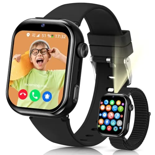 4G Reloj Inteligente Niño con GPS y Llamadas, Doble Cámara, Linterna, Negro