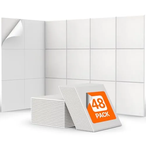 TONOR Espuma Acústica Pack 48 Paneles, Paneles Acústicos Cuadrado con Respaldo Adhesivo, Insonorizacion Acustica Pared y Decoración para Estudio, Gaming, Podcasting, Grabación, 30 x 30 x 0,9cm, Blanco