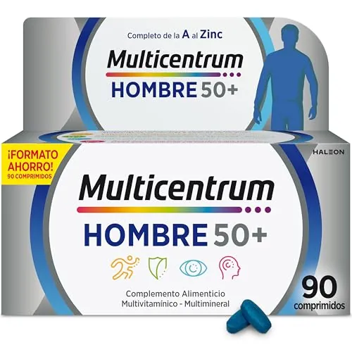 Multicentrum Hombre 50+ Complemento Alimenticio Multivitaminico y Multimineral Para Hombres 50+, Con Magnesio y Vitamina C, Sin Gluten, 90 Comprimidos