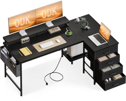 ODK Escritorio Esquinero con 4 Cajones de Tela, 160x80cm, Negro