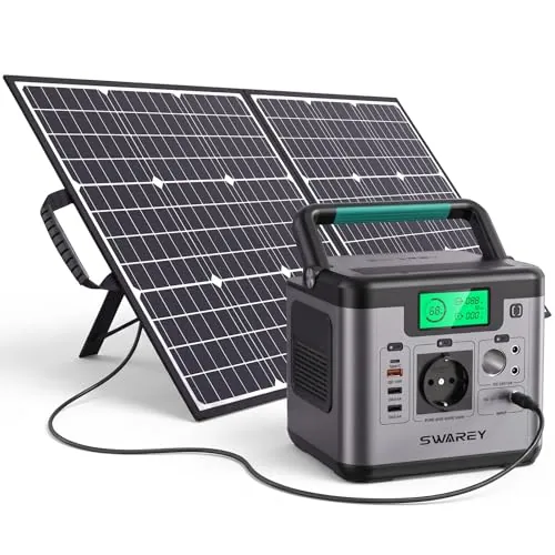 SWAREY Estación de Energía Portátil, 518Wh Generador Solar con Panel Solar de 100W, Salida de CA de 500W (Pico 1000W), Puerto USB-C de 65W, Batería Externa para Camping Viajes Exterior RV Inicio