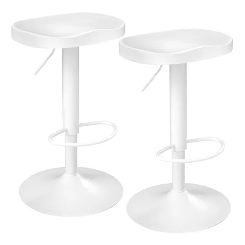 WOLTU Taburetes Altos de Cocina Juego de 2, Giratorio con Reposapiés, Taburete de Bar Regulable en Altura Asiento de Madera, para Zona de Bar, Cocina, Base Metalico, Blanco