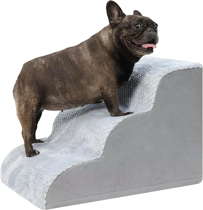 KSIIA Escalera para Perro 3 Escalones, Rampa para Perros con Base Antideslizante, Escalera para Mascotas Funda Desmontable y Lavable, para Sofá y Cama, Cachorros y Mascotas Mayores, 40x57x40 cm, Gris