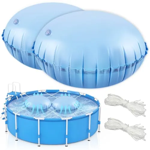 TZEKING 2 Piezas Cojín de Aire para Piscina,Cojín de Piscina Redondo con Cuerda de 15 m, Piscina Cubierta Aire Almohada Cojín,Inflable para la Mayoría de Tipos de Piscinas, Así como Spas