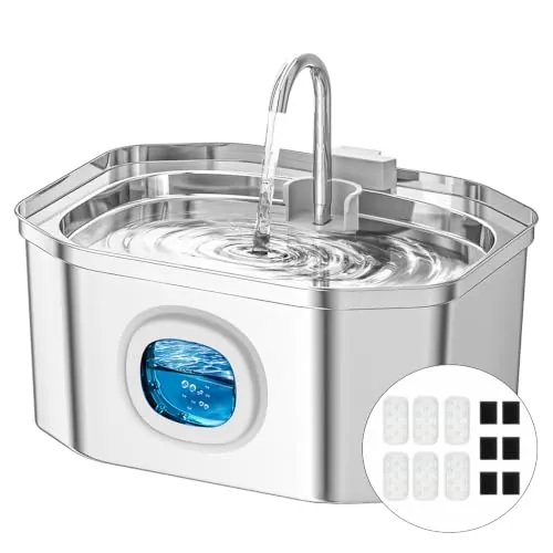 Apauk 3.2L Fuente para Gatos Acero Inoxidable, Bebedero Gatos, Silencioso Fuente de Agua para Gatos y Perros pequeños, con Ventana LED, Sistema de Filtro Multicapa(6 Filtros & 6 Esponjas)