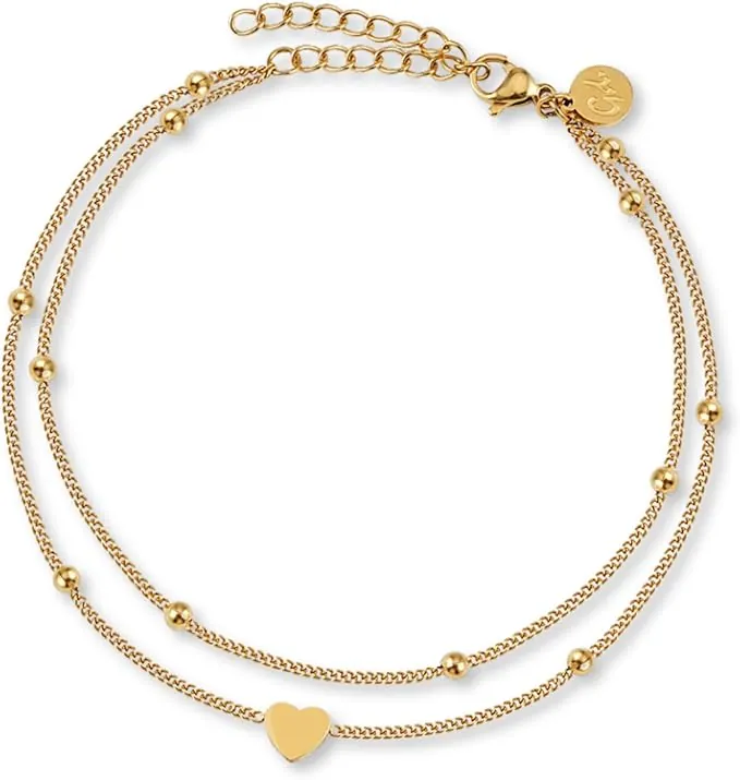 GD GOOD.designs Tobillera Corazón para Señoras Oro - Tobillera de varias hileras - Ajustable I Joyas de tobillo de acero inoxidable de filigrana en Oro