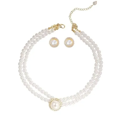Wedding Suite Collar De Cuentas Choker, 2 Filas Choker Imitación Collar De Perlas, Rodio Chapado Elegante Encanto, Con 1 Par De Pendientes Perlas, para Fiesta Cumpleaños Aniversario Navidad Valentín
