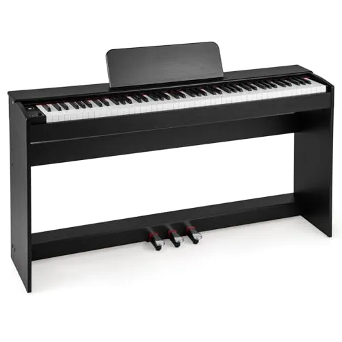 COSTWAY Piano Digital Vertical de 88 Teclas Contrapesadas, Sin taburete | Piano Eléctrico Compacto con Soporte, Grabar y Reproducir, Pedales Triples, Doble Altavoz y Conectores para Auriculares, MIDI