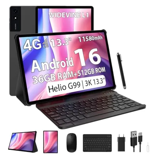 SOLVYXEN 3K Tableta 13.3 Pulgadas con Android 16, 36GB RAM, 512GB ROM (Extensión 2TB), 4G Lte/5G WiFi, 2944 * 1840, 11580mAh, G99 Octa-Core, 13MP+8MP, Tablet con Teclado/GPS/Bluet/4 Speaks (Negro)