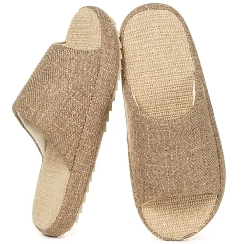Zapatillas de Estar en Casa Mujer Pantuflas de Lino Antideslizantes Planas Espuma de Memoria Suave Cuatro Estaciones Slippers, Marrón, 40/41 EU, Etiqueta 41-42