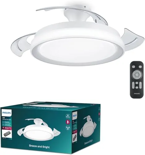 Philips Ventilador de Techo Bliss con luz LED 28W, motor DC (35W), aspas retráctiles, color Blanco, 3 temperaturas de luz, Mando Incluido, Modo Invierno/Verano, (versión 2024)