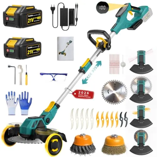 Cortabordes Inalámbrico 21V, Compatible con Baterías Makita, Desbrozadora con Cepillo para Maleza, 2 Baterías de 4.0Ah Incluidas, Motor sin Escobillas de 900W para Césped, Jardín, Patio (Azul)