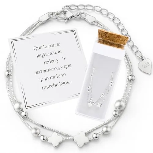 MOMENTUM Pulsera Plata Mujer (Bañada) – Trébol de la suerte – Regalo con Caja y Dedicatoria Premium – Ajustable y Elegante – Ideal Cumpleaños, Navidad, San Valentín