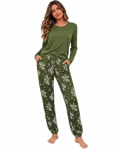 Jahetuul Pijama Mujer Algodón Conjunto Camiseta y Pantalón Estampado