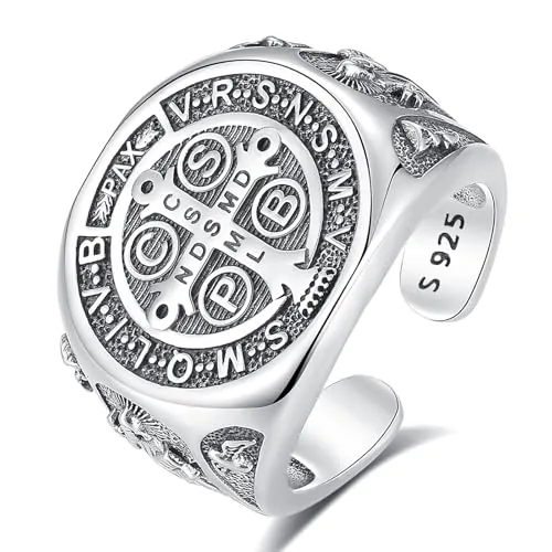 INFUSEU Anillo San Benito, Plata de Ley 925 Religioso Católico Cristiano Exorcismo Anillo Hombre Caballeros Templarios Medalla Cristiana Cruz Orden Protección Joyería para Mujer Hombre