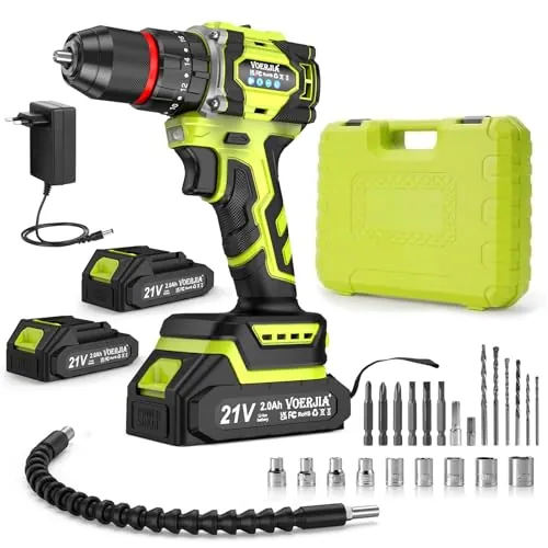 VOERJIA - Taladro atornillador inalámbrico de 21 V, taladro de percusión sin escobillas de 60 Nm, 2 baterías de 2000 mAh, 21+3 pares de torque, portabrocas de 10 mm, 2 velocidades, LED, 29 accesorios