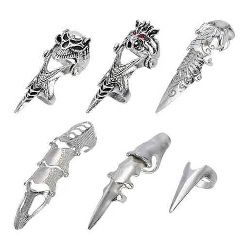 arricraft 6 anillos de dedo completo, 6 estilos, estilo punk, plateado, armadura plegable para nudillos completos, punk, cosplay, fiestas de Halloween
