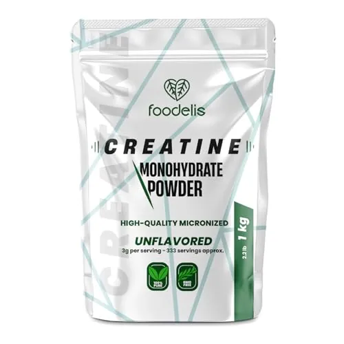 Foodelis Creatina Monohidratada en Polvo 1 kg / 333 Dosis - 100% Creatina Monohidrato Micronizada - Sin Sabor - Pura y Sin Aditivos - No-GMO - Alta Solubilidad - Incluye Dosificador