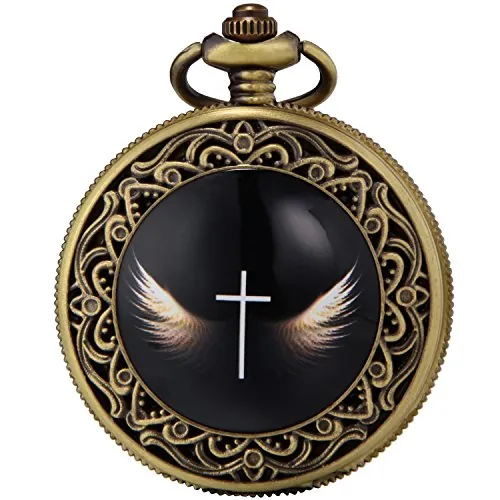 SEWOR Reloj de bolsillo con movimiento de cuarzo japonés esmaltado de bronce con doble cadena (metal y cuero) (alas cruzadas 2), Cross Wings2, japonés