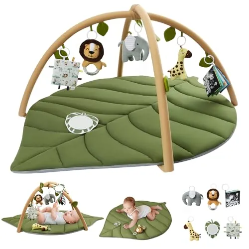 Blissful Diary Gimnasio Bebe, Manta Actividades Bebe De Forma De Hoja Con Arco Desmontable Y 6 Juguetes, Manta Juegos Bebe Para Desarrollo Sensorial Y Motor, Regalo Esencial Para Bebés, Verde