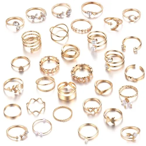 JSTHHTT 31 Piezas Anillos Vintage Nudillos Anillos Góticos Boho Ajustable Apilable, Oro
