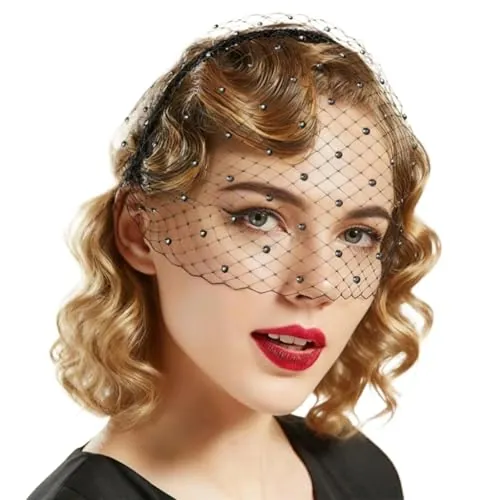 AYZDJ Paquete de 2 Diademas con Velo de Malla Negra, Tocado Vintage con pedrería, Elegante Accesorio de Pelo para Bodas, Halloween, Fiestas temáticas, Eventos góticos y Disfraces