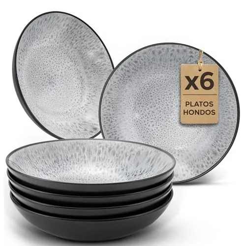 Twinzee Vajillas Completas 6 Personas de Gres Perla Resistente - 6 Platos Hondos estilo Riviera - Apta microondas