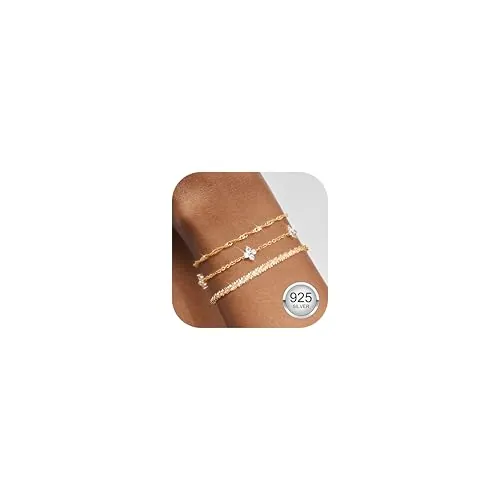 Finrezio 3 Piezas Pulsera de Plata de Ley 925 Pulsera Oro para Mujer Pulseras Apilables Chapadas Oro 14 Quilates Pulseras Cadena Circón Ajustables Juego Pulseras Joyería para Mujeres