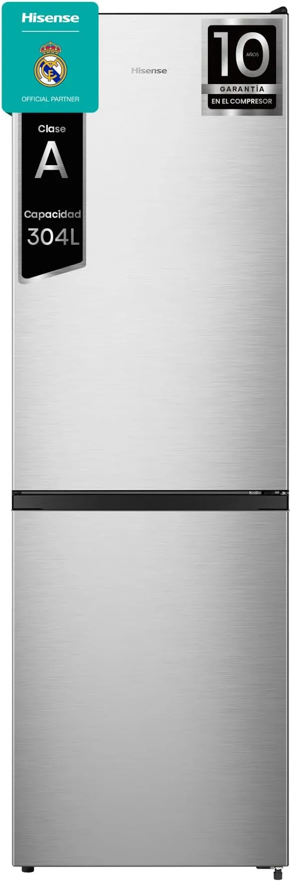 Hisense RB3N300NECA - Frigorífico Combi Total No Frost, 304L, 187cm, Multi Airflow, Apertura Puerta 90º, Estantes de Seguridad, Congelamiento Rápido, Puerta Reversible, Inverter, LED, Inox