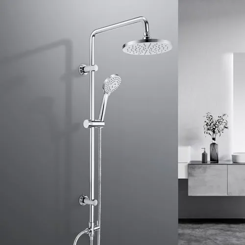 JOHO Columna de Ducha en Acero INOX sin Grifo Termostático, Conjunto ducha con Barra Ducha Altura Adjustable, Cabezal Ducha Lluvia ABS 20 cm, Cromo
