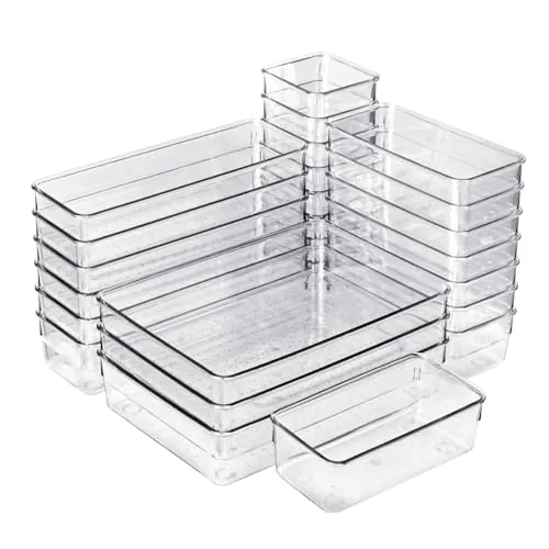 Set de 25 Cajones de Organización | Organizadores de Plástico Transparentes | Separadores de Cajones para Escritorio | Baño | Cocina | Frigorífico | Despensa | Maquillaje | Joyas | Multiusos