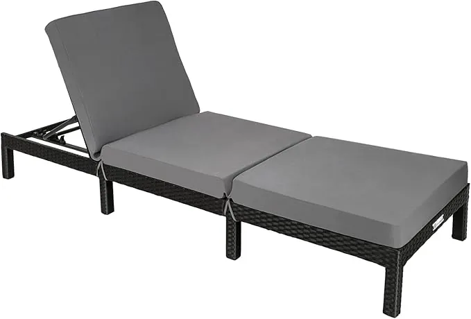 tectake® Tumbona Jardín Exterior de Ratán y Acero con Cojines, Tumbona de Piscina con Respaldo Regulable en 6 Posiciones, Tumbona de Playa Estable y Resistente a Intemperie, Fácil Limpieza - Negro