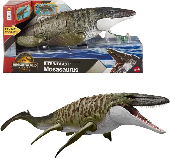 Mattel Jurassic World: El Renacer Mosasaurio Mordedor y minifigura de Dilofosaurio, juguete de dinosaurio con mandíbula ancha, figura articulada fiel a la película, juego digital, JJP80