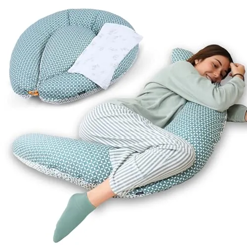 MATERNIKA Almohada Embarazada y cojin de Lactancia-XL Oeko-Tex. Multifunción 3 en 1 para Dormir, para la Lactancia y como Nido Bebe - Relleno de Espuma viscoelástica - Incluye Muselina para Bebe.