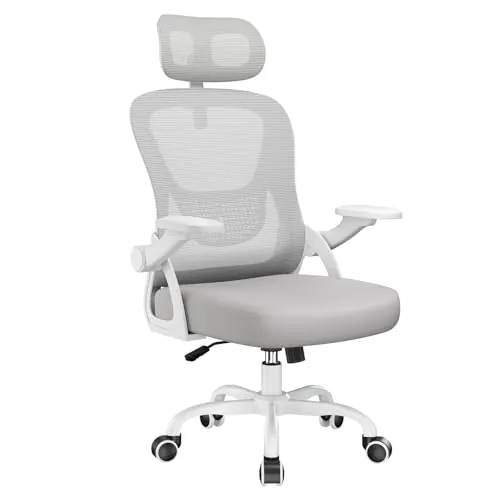 rattantree Silla de Oficina Ergonómica, Silla Escritorio con Reposabrazos Abatibles, Reposacabezas Y Respaldo, Silla ergonomica Pequeña con Basculante De hasta 115°, Malla Silla de Oficina, Gris