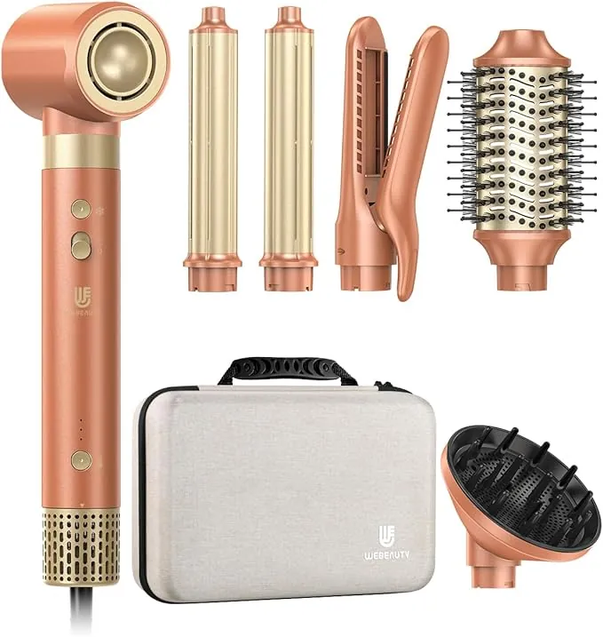 webeauty Doble Voltaje 7 in 1 Secador Pelo Nueva Actualización,110,000RPM/Min,30M/S,1400W Secador con Cepillo de Aire,Plancha de Aire, Difusor,Rizadores de Aire,500 Millones de Iones Negativos