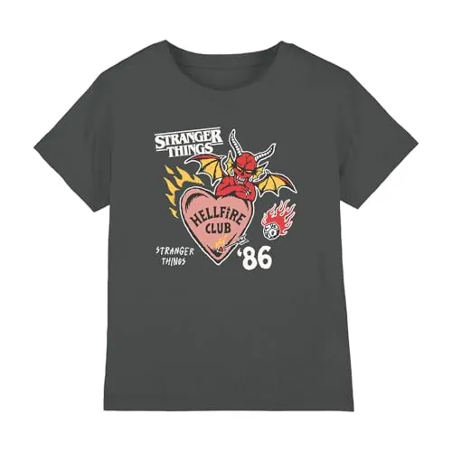 Stranger Things Hellfire Hearts Kids T Shirt, Charcoal, 12-13