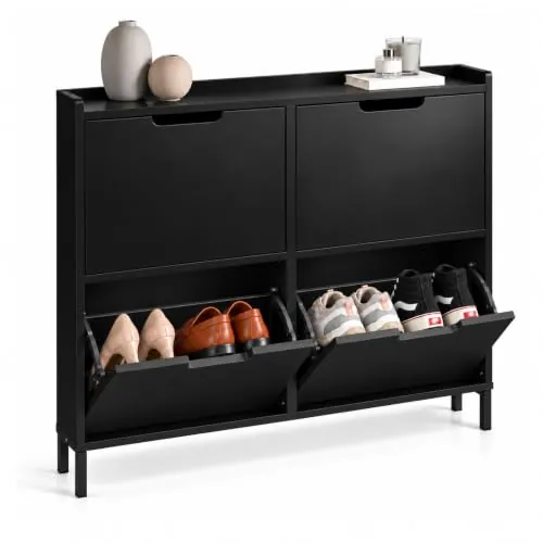 SoBuy Zapatero estrecho de 19 cm de fondo, negro, con 4 puertas abatibles | Para recibidor o detrás de la puerta, hasta 8 pares de la talla 46, entrada siempre ordenada, FSR100-SCH