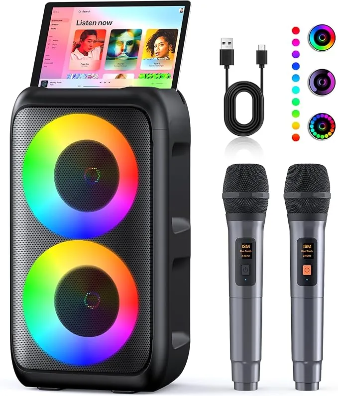 Karaoke 2 Microfonos Inalambricos (2026 Última Generación) | Altavoz con Microfono Bluetooth | Soporta TV/Smartphone/iPad/TWS/AUX/USB/FM | para Party, Cumpleaños, Viajar