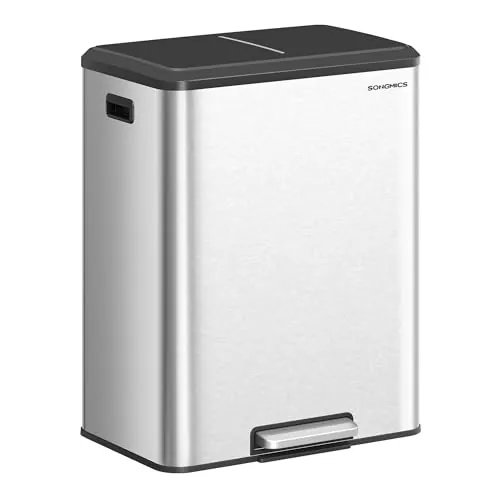 SONGMICS Papelera de Cocina, 2 x 30 L Cubo Doble para Reciclaje y Basura, Cubos Interiores, Acero Inoxidable, Tapa de Cierre Suave, Pedal Ancho y Robusto, Plata Metálico LTB556E01
