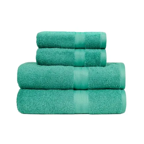 Amazon Basics Juego Toallas Baño Completo 100% Algodón 2 Toallas Baño + 2 Mano, Verde, Pack 4 Unidades