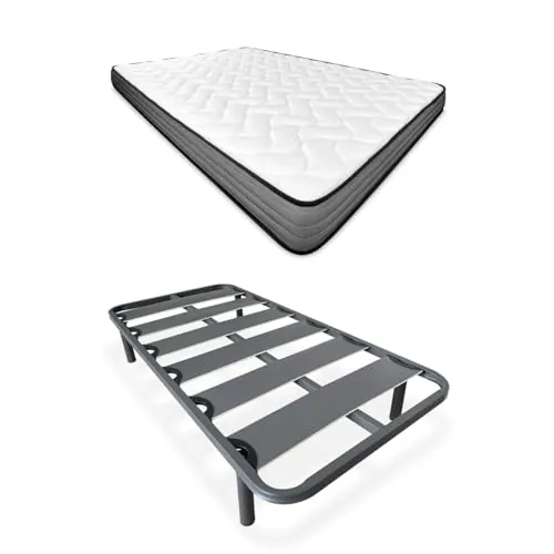 Homey - Cama Completa con Colchón Andrea Reversible (Cara Invierno/Verano) + Somier Reforzado 40x30mm con 4 Patas Metálicas Roscadas, 90 x 190