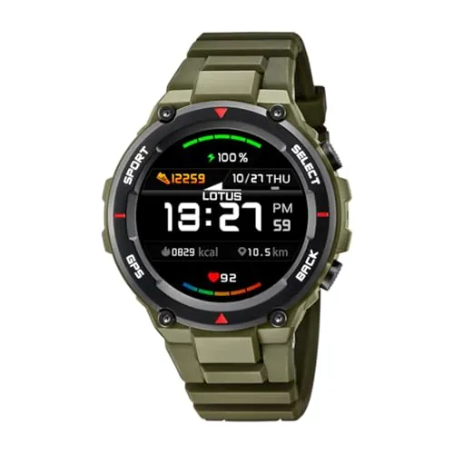 LOTUS Reloj Inteligente Hombre - Smartwatch de Caucho Verde Militar - Resistente al Agua IP65 50024/3 - GPS, Control Música, Cuenta Pasos y Calorías, Multi Deportes, Frecuencia Cardíaca y Presión