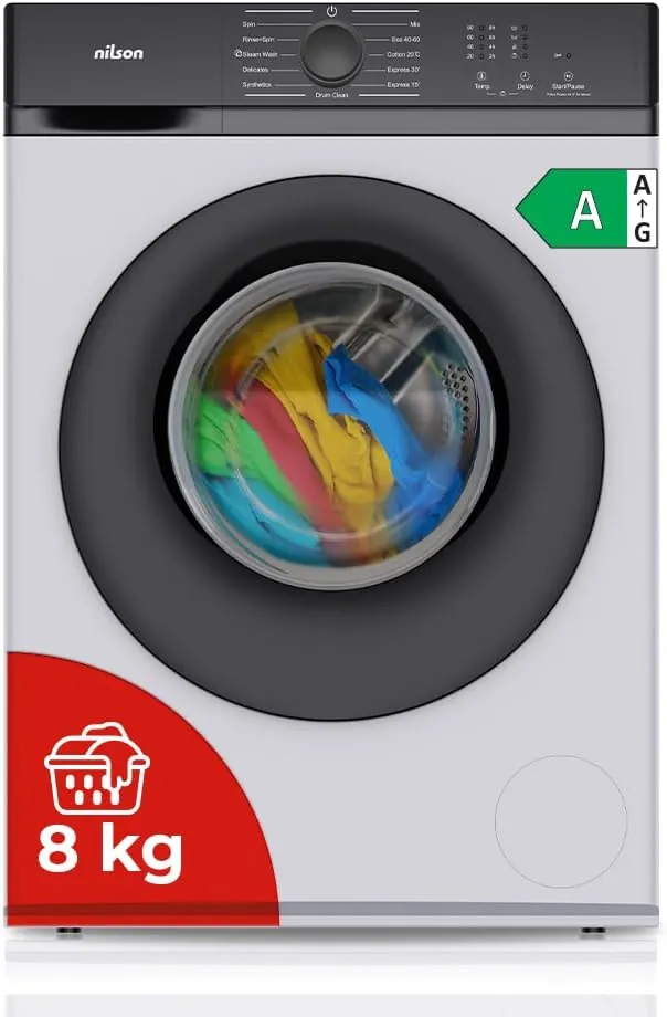 Nilson Lavadora 8Kg Carga Frontal Blanco NL8200AI. 1600W, 1200rpm, Motor Inverter, 11 Programas, Función Stop&Go, Tambor Diamante, Clase de Eficiencia Energética A