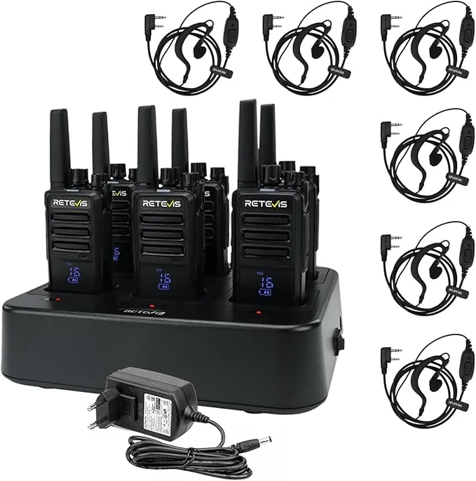 Retevis RT668H Walkie Talkie con Cargador de 6 Vías, Walkies con Pantalla,Walkie Talkie Profesional PMR 446 Licencia, Tipo C, Robusto con Auricular para la Hospitalidad, Comercial (6 Piezas, Negro)