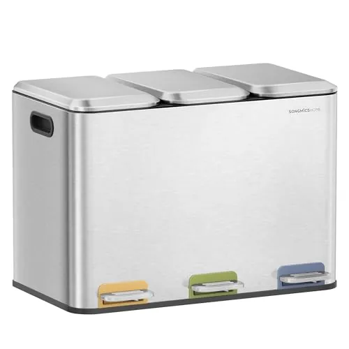 SONGMICS HOME Papelera de Cocina Triple, 3 x 15 L, con Pedales, Acero