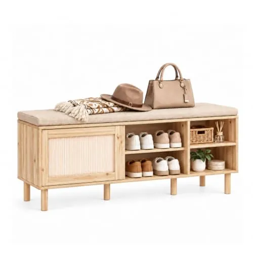 SoBuy Banco zapatero de madera con 6 compartimentos, color natural | Banco con almacenaje y asiento, acabado en madera natural, 35 x 121 cm