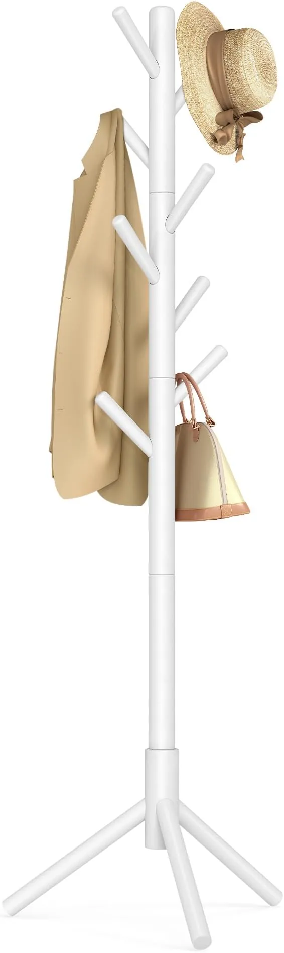 VASAGLE Perchero, Madera Maciza, en Forma de Árbol, 8 Ganchos para Chaquetas, Sombreros, para Pasillo, Ganchos y Barra de Soporte de Madera de Caucho, Blanco RCR04WT