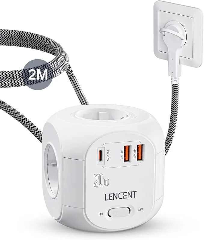 LENCENT Cubo Regleta Enchufe 2M con Carga Rápida PD20W, Ladron Enchufes Plano 2500 W/10 A con Interruptor con 4 Tomas de CA, 2 USB y 1 Tipo C para Mesa, Casa, Cocina y Oficina