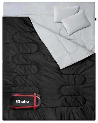 Ohuhu Saco de Dormir Doble Enorme 220x150cm con 2 Almohadas y una Bolsa de Transporte, Cuatro Doble Tiradores de la Cremallera - Temperatura Cómodo: 0 ° C ~ 10 ° C (Negro)